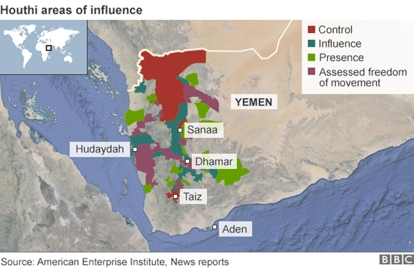 胡塞叛军势力图. 图片来源:bbc
