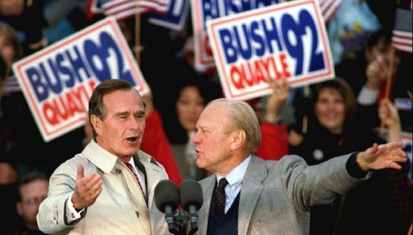 美国前总统福特为老布什1992年大选助威.来源:视觉中国
