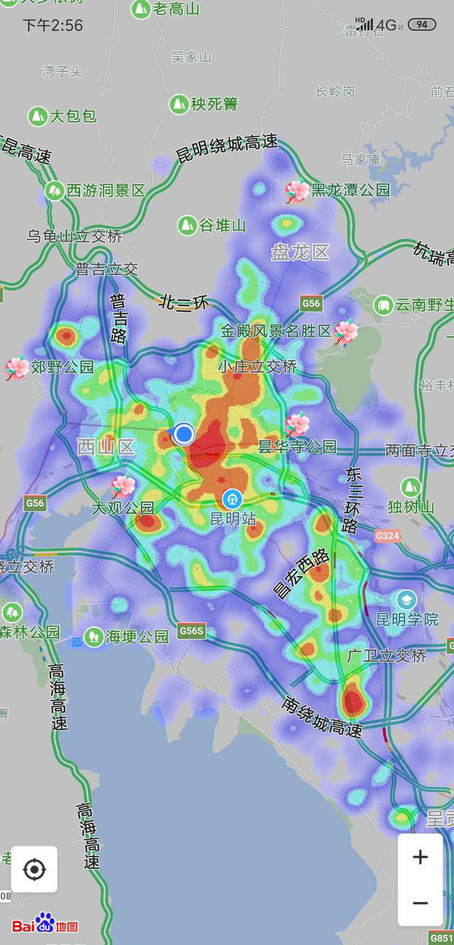 (2019年4月昆明人口热力图 图源:百度地图)