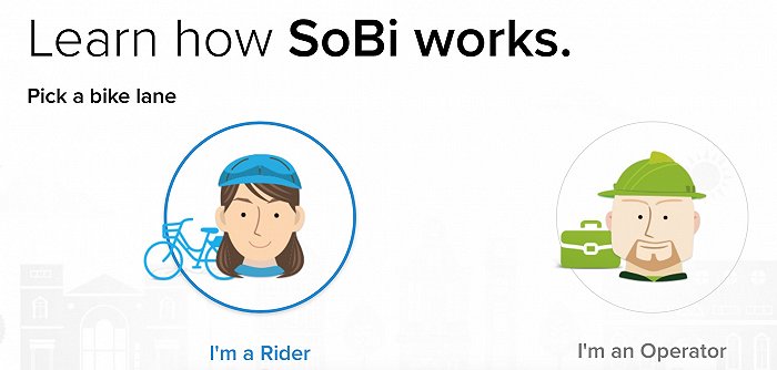 计算机生成了可选文字:Learn how SoBi works. Pick a bike lane I'm a Rider I'm an Operator 