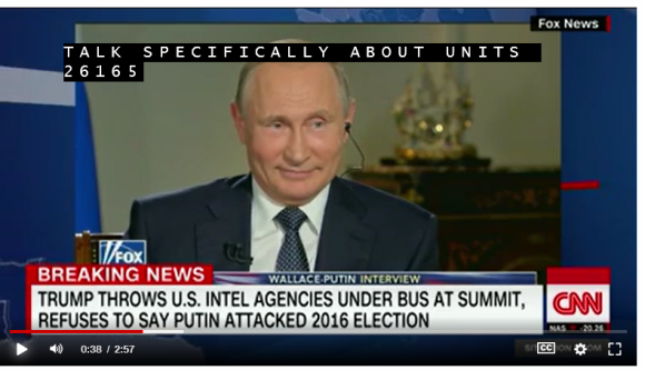 福克斯电视台主持人就俄罗斯干涉大选一事提问普京。在听到GRU26165小组时普京露出微笑。图片来源：CNN
