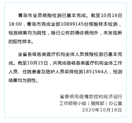 00,青島市完成全部10899145份核酸樣本檢測,檢測結果均為陰性,除已