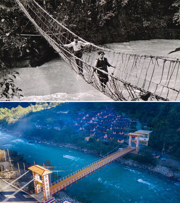 拼版照片上图：独龙族群众通过藤蔑桥（资料照片）；下图：独龙江乡白来感恩大桥（10月29日摄，无人机照片，新华社记者胡超摄）