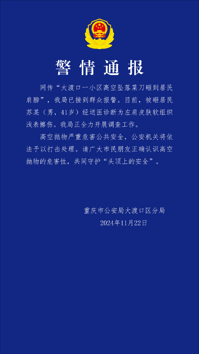 重庆大渡口一小区高空坠落菜刀砸到居民肩膀，警方：正全力开展调查|界面新闻 · 快讯