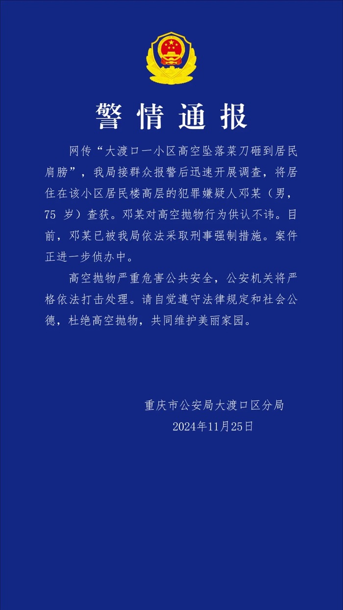 重庆警方再通报“小区高坠菜刀砸到居民肩膀”：75岁男子被采取刑事强制措施|界面新闻 · 快讯