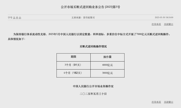 央行：5月开展了7000亿元买断式逆回购操作|界面新闻 · 快讯