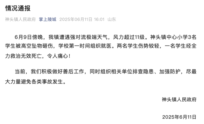 山东德州通报：3名学生被高空坠物砸伤，1名学生经全力救治无效死亡