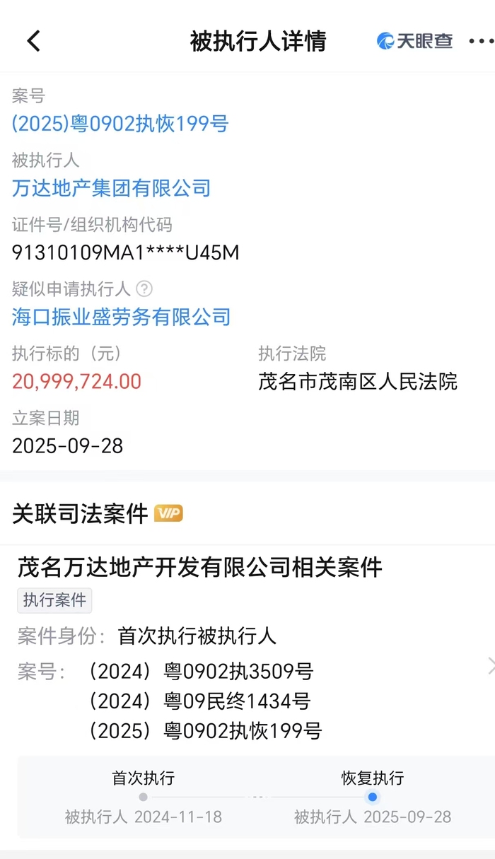 万达地产等被恢复执行2099万，限制消费令高达128条